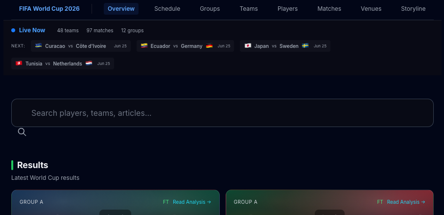 Sportami — the FIFA World Cup 2026 hub with the live strip and upcoming fixtures